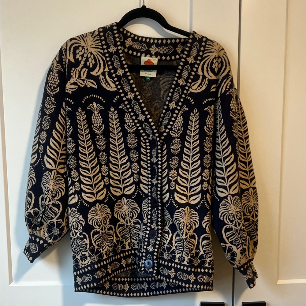 FARM Rio Black and Cream Botanical Jacquard Cardigan